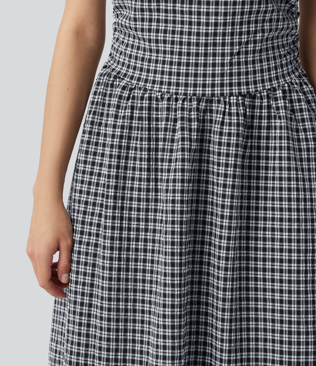 Robe midi décontractée à carreaux vichy, col bateau, sans manches, avec poches