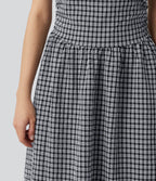 Robe midi décontractée à carreaux vichy, col bateau, sans manches, avec poches