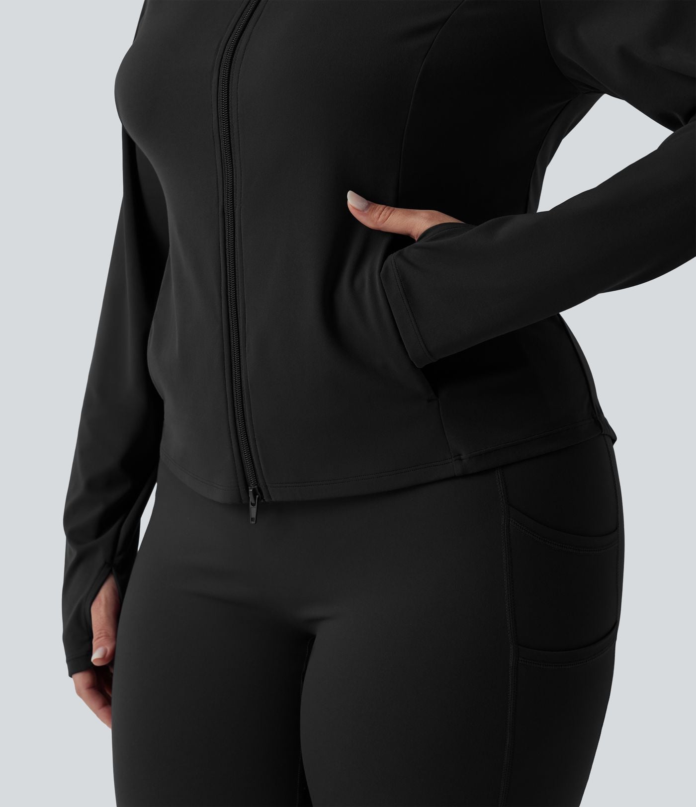 SoftlyZero™ Veste de randonnée grande taille ajustée zippée plissée à col montant avec passants pouces et poches - UPF50+