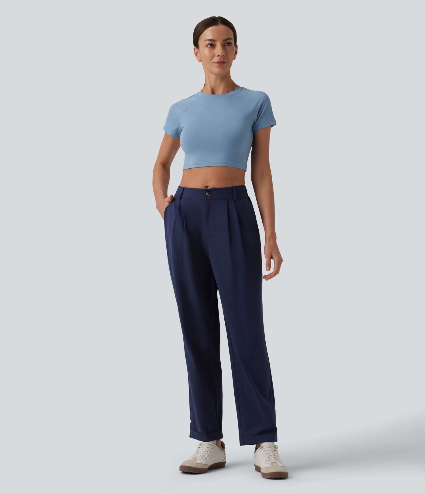 Pantalon casual fuselé 7/8 taille mi-haute plissé en popeline extensible à ourlet retroussé avec poches