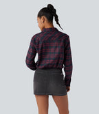 Chemise décontractée à carreaux, manches longues et nœud devant