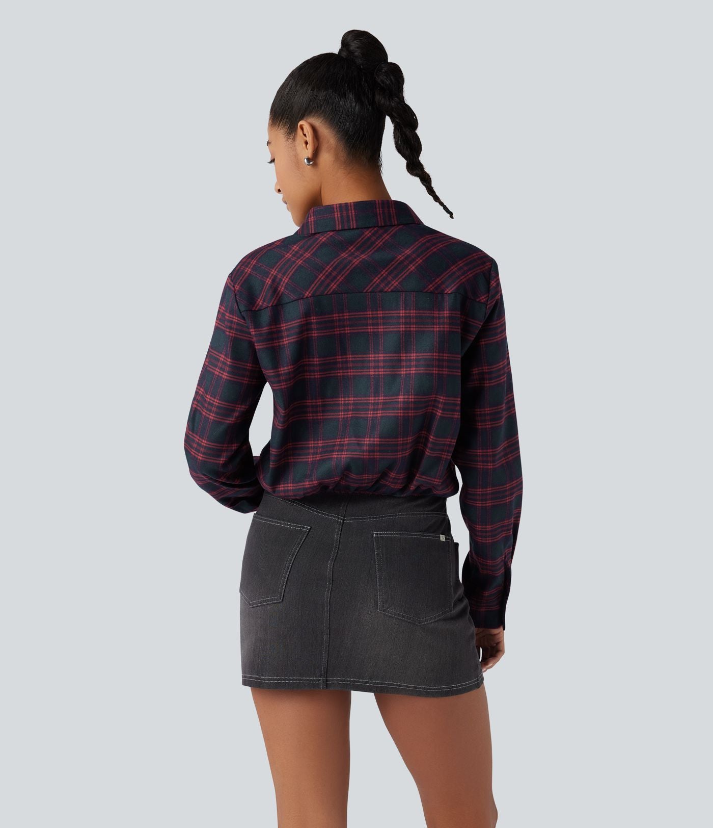 Chemise décontractée à carreaux, manches longues et nœud devant
