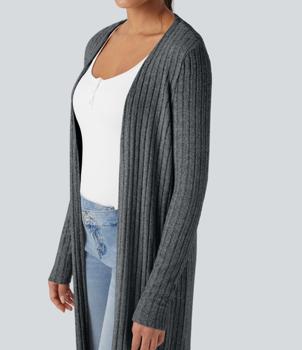Manteau long décontracté maille côtelée manches longues avec fente
