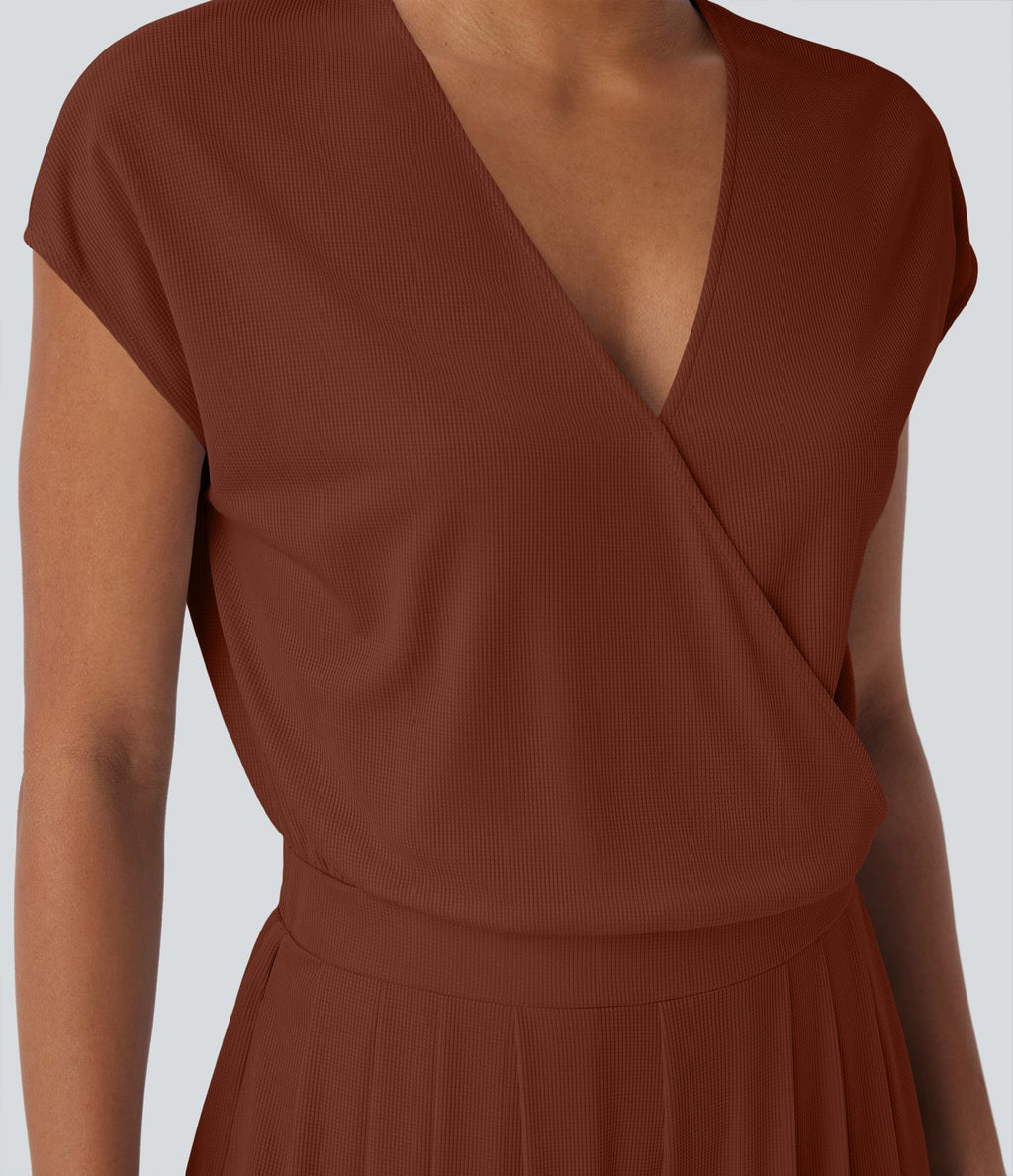 Combinaison fluide en tissu gaufré, col V, manches courtes, jambes larges et poches latérales - Easy Peasy Edition