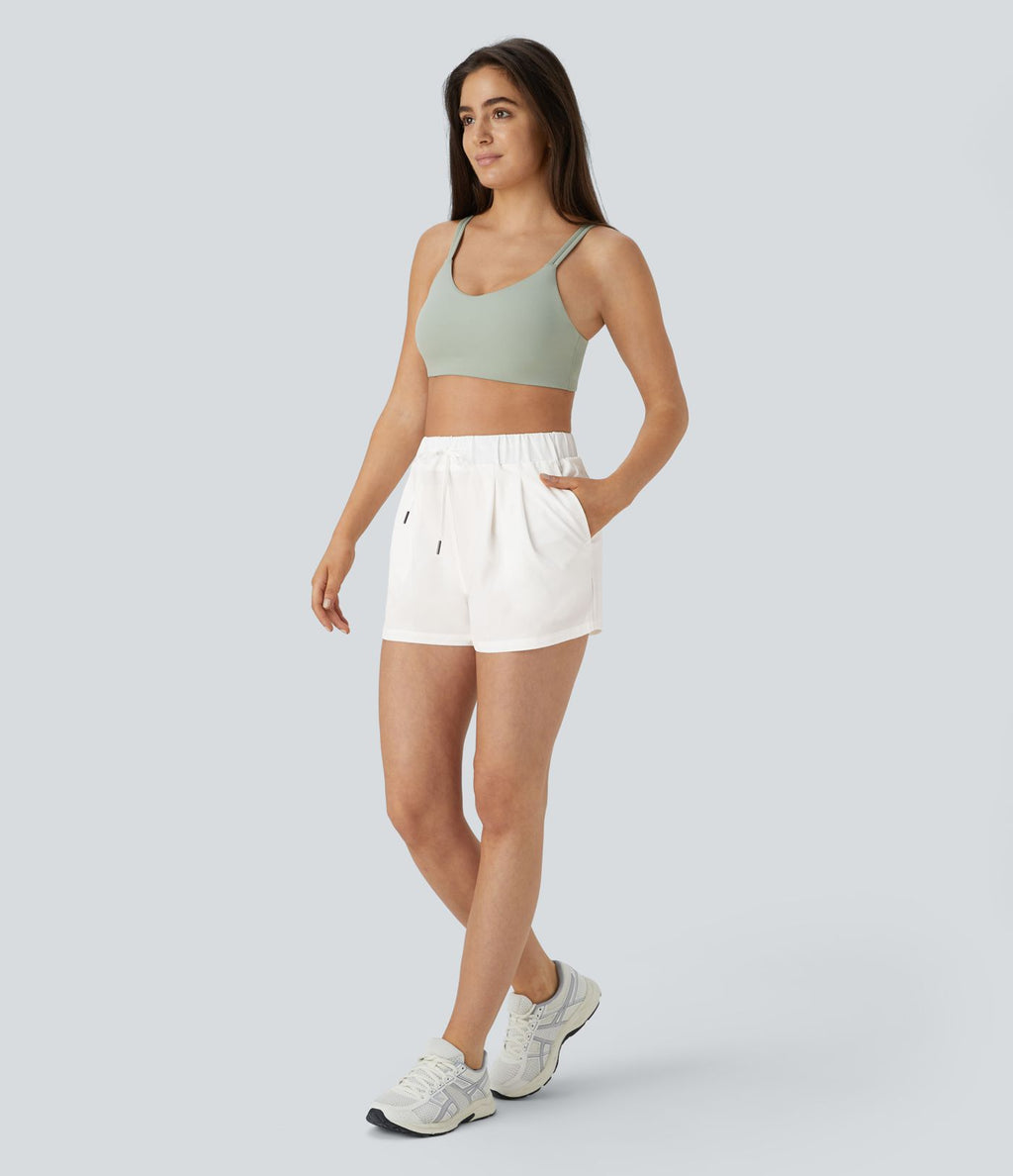 Short 7,5cm Casual à Taille Moyenne avec Ceinture Élastique Cordon de Serrage et Poches Latérales Ruchées
