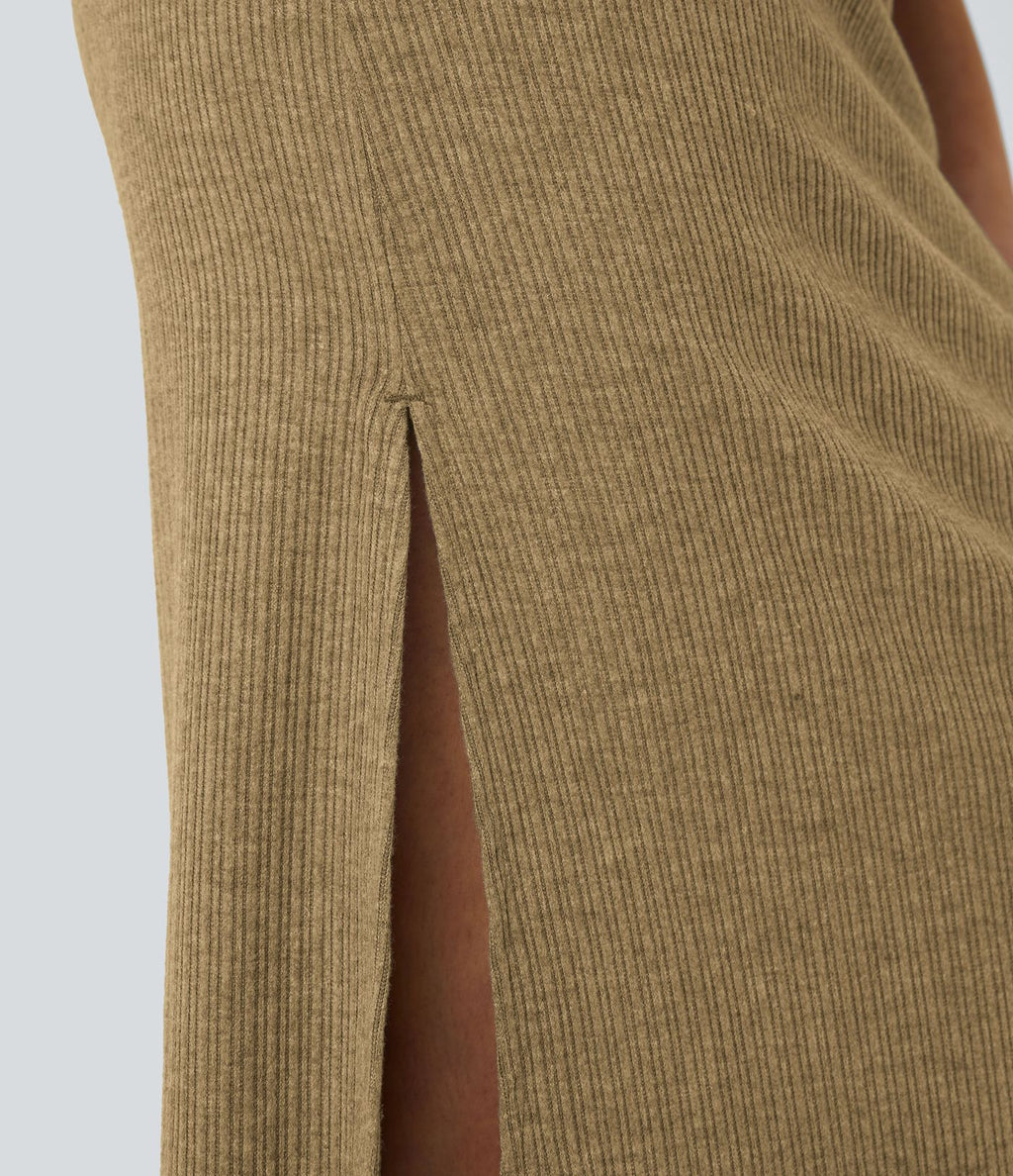 Jupe Casual Maxi à Taille Haute et Ourlet Fendu en A-Line en Côtes