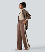 Pantalon jogging décontracté droit colorblock en velours côtelé, taille haute, avec cordon et poches