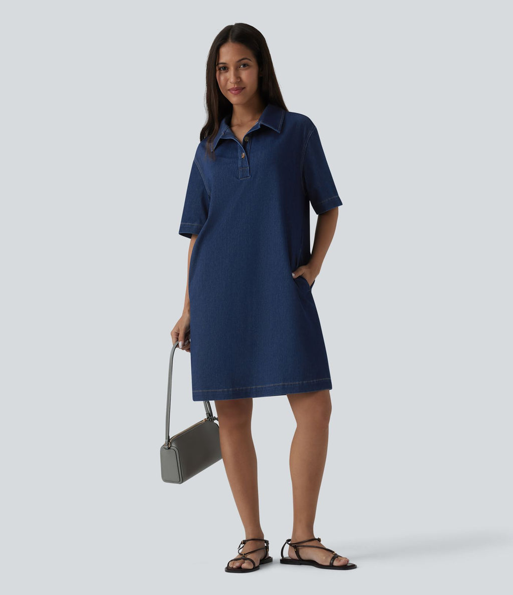 Halara Flex™ Robe courte en denim col classique manches courtes avec poches