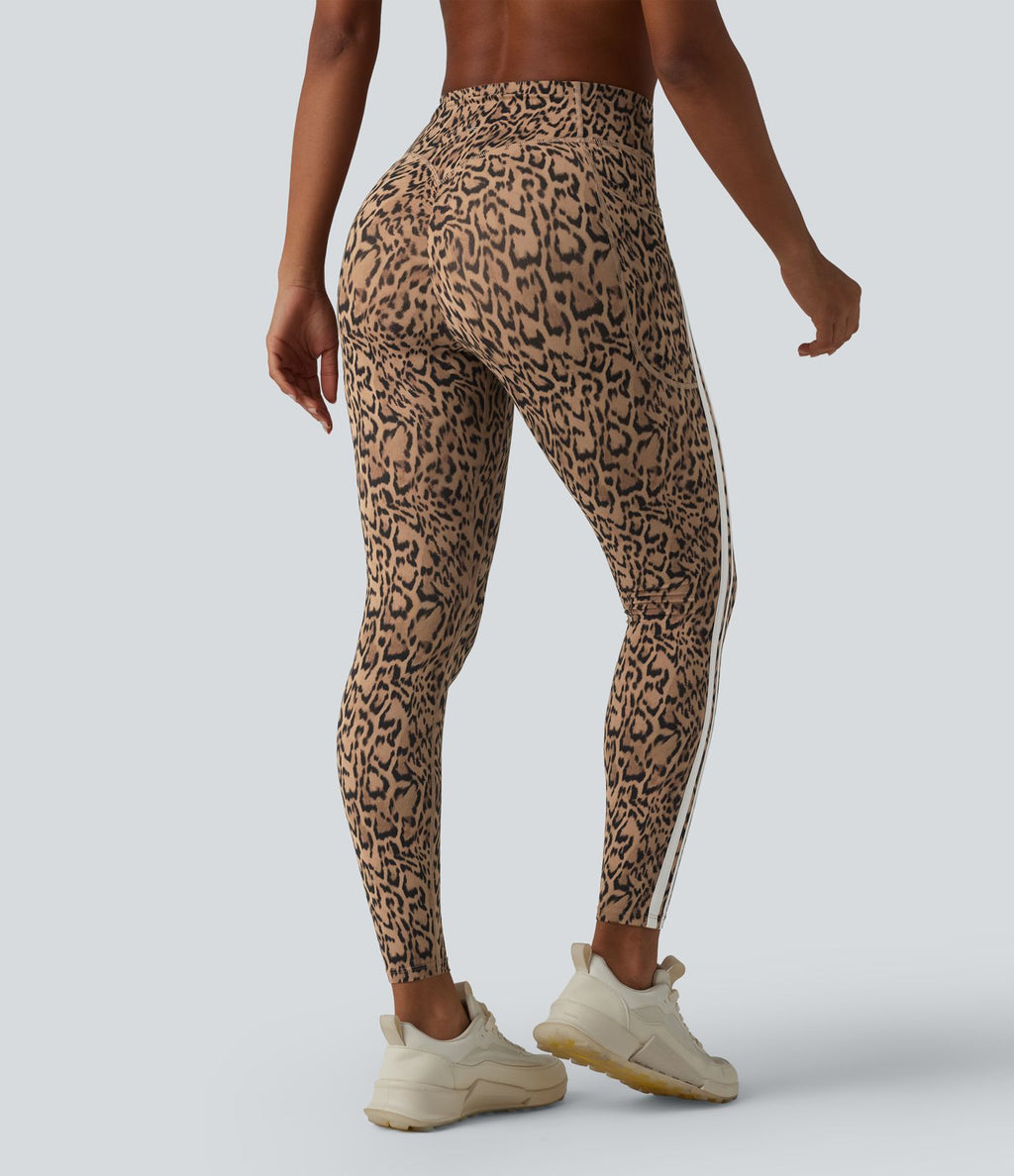 Legging 7/8 d'entraînement Halara UltraSculpt™ imprimé léopard, taille haute, ventre plat, push-up, rayures color block avec poches