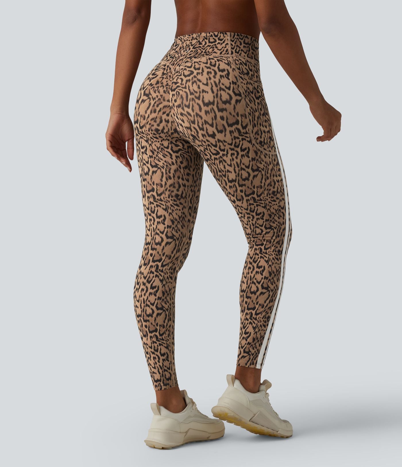 Legging 7/8 d'entraînement Halara UltraSculpt™ imprimé léopard, taille haute, ventre plat, push-up, rayures color block avec poches