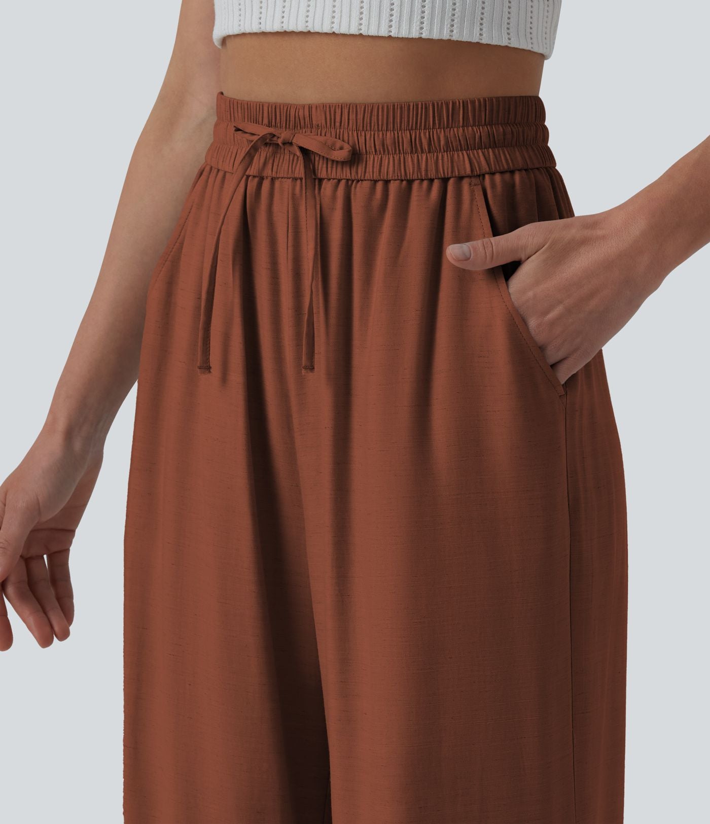Pantalon casual large fluide mélange lin taille haute avec cordon de serrage et poches