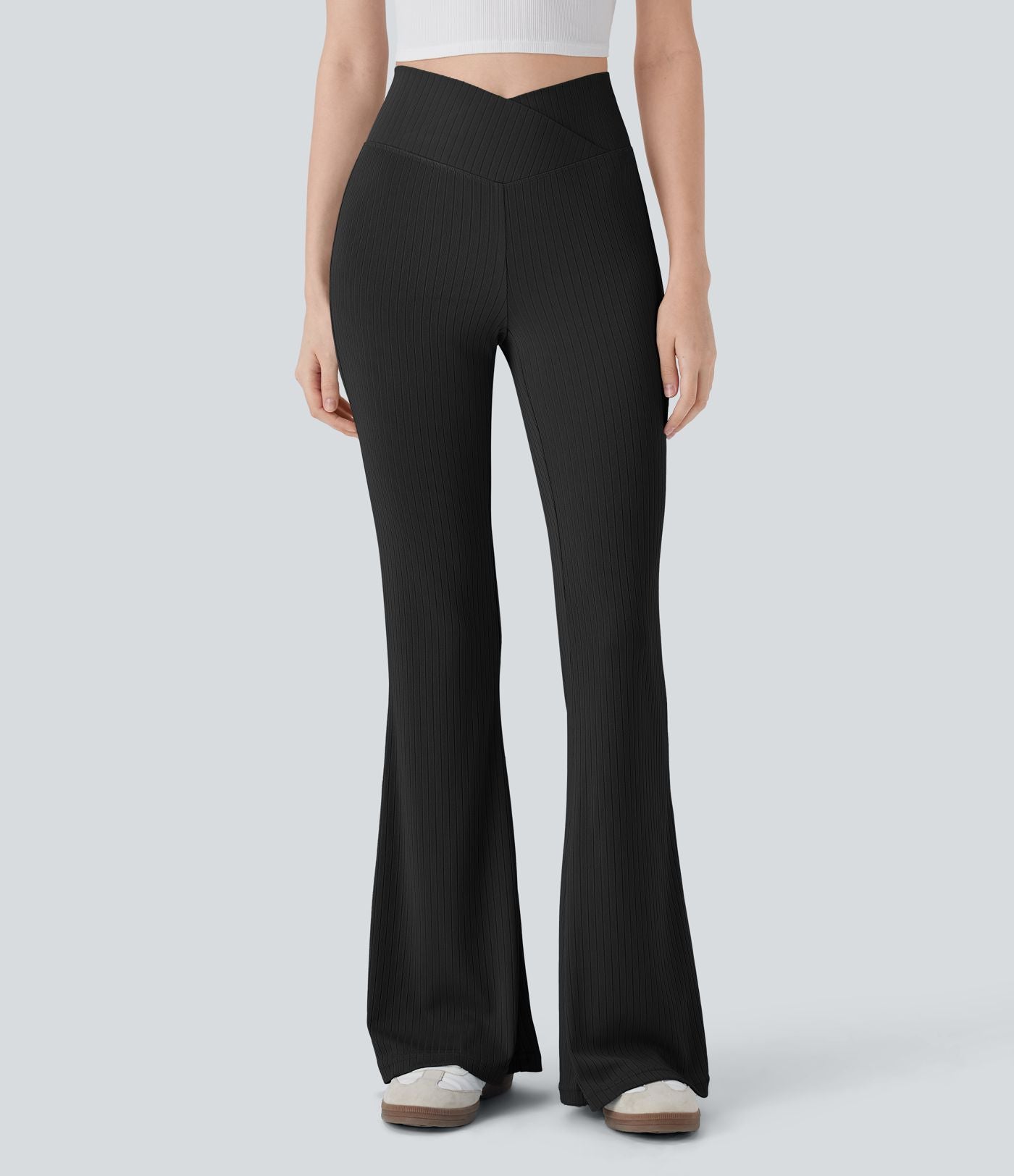 Pantalon large fluide côtelé à taille haute croisée avec poche arrière