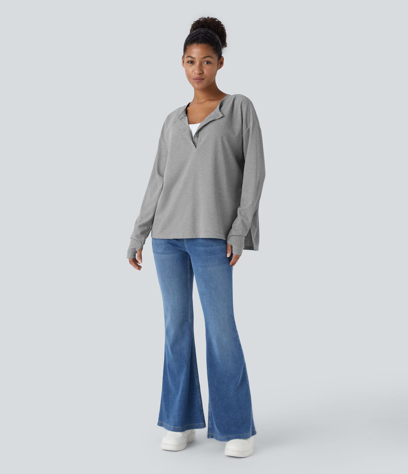 Sweatshirt Casual Waffle à Boutons Devant avec Trou Pouce et Fente