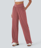 Pantalon de jogging décontracté à taille haute croisée avec poches latérales et cordon de serrage