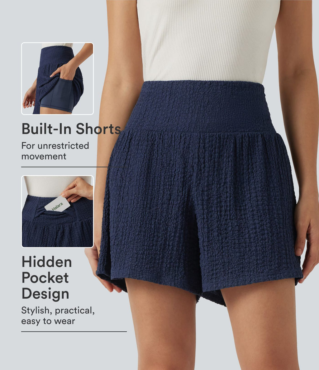Short baggy 2-en-1 casual en tissu froissé taille haute avec poches
