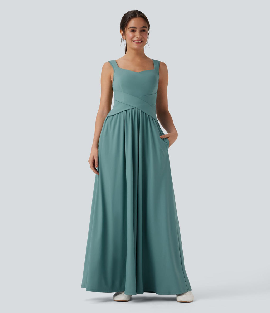 Robe maxi fluide dos nu, avec brassière intégrée et poches