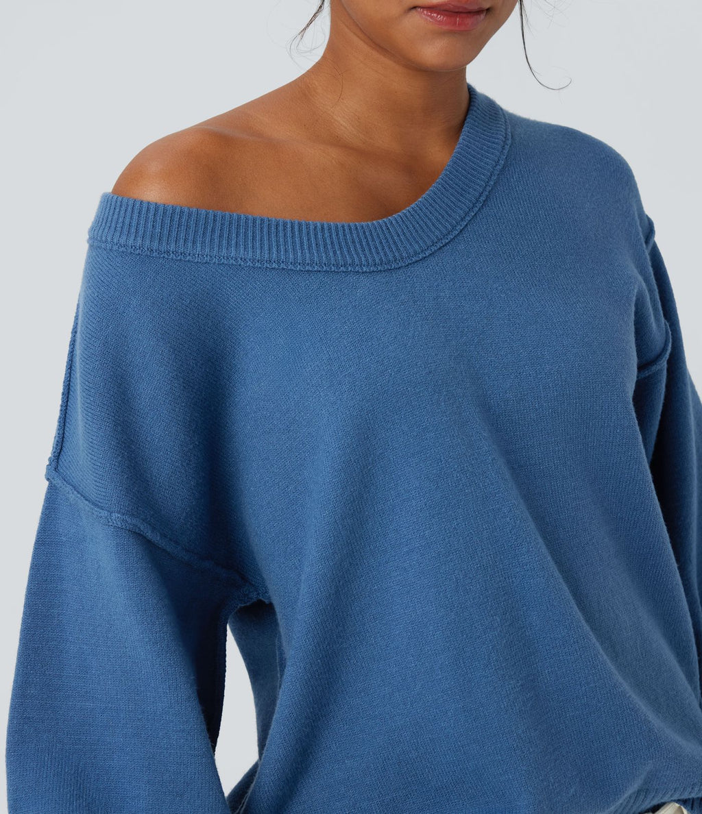 Pull casual col V épaules tombantes manches longues avec fentes