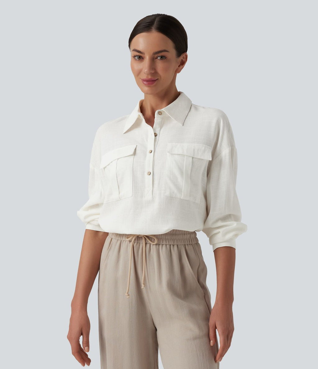 Chemise décontractée en lin col ourlet arrondi manches longues boutonnée avec poches