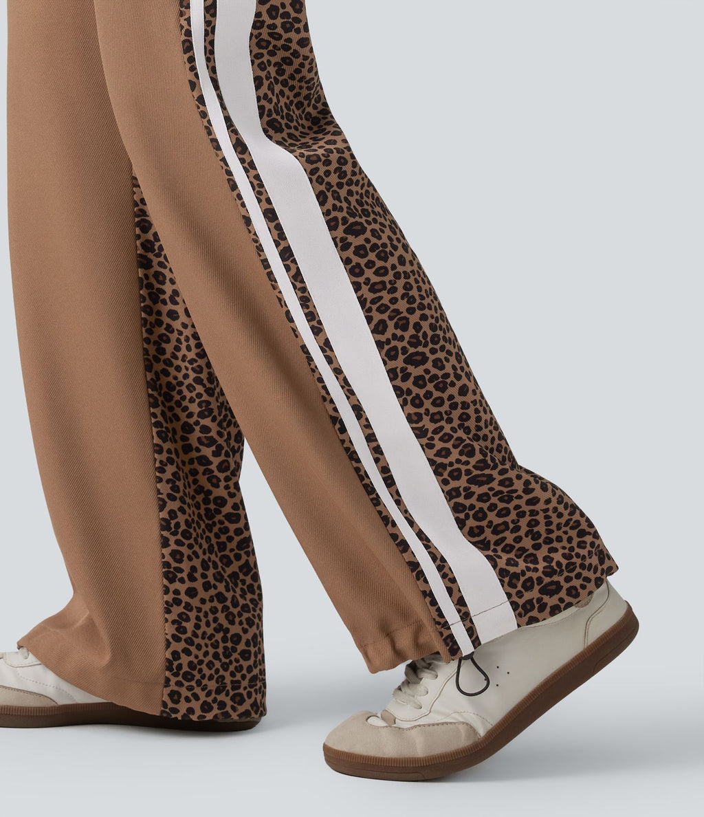 Pantalon ample décontracté taille mi-haute avec cordon de serrage color block rayures léopard contrastant avec poches