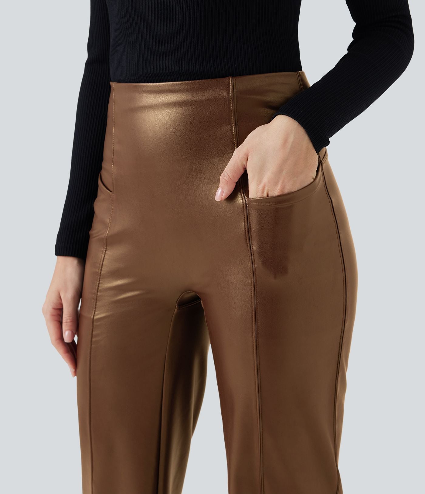 Pantalon similicuir évasé gainant taille haute stretch avec poches
