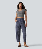 Pantalon décontracté à carreaux froissés taille haute avec poches