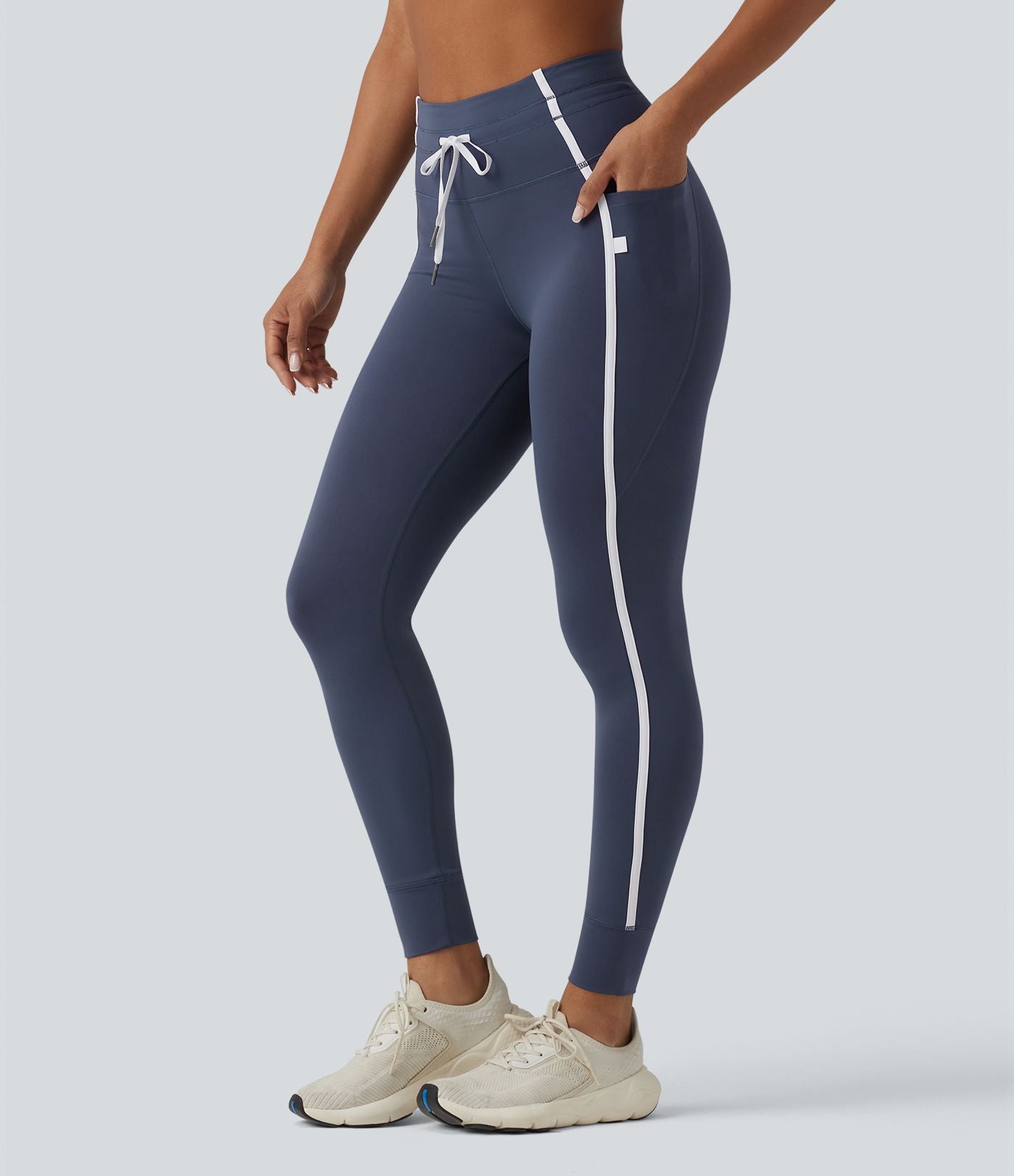Legging de yoga 7/8 ventre plat taille haute avec cordon de serrage rayé color block et poches