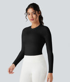 Top de sport yoga ajusté côtelé maille col rond manches longues
