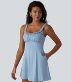 Robe mini casual sans manches à col U, volants, fronces et soutien-gorge intégré avec poches