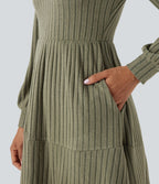 Robe décontractée maille côtelée décolleté carré manches longues bouffantes avec poches