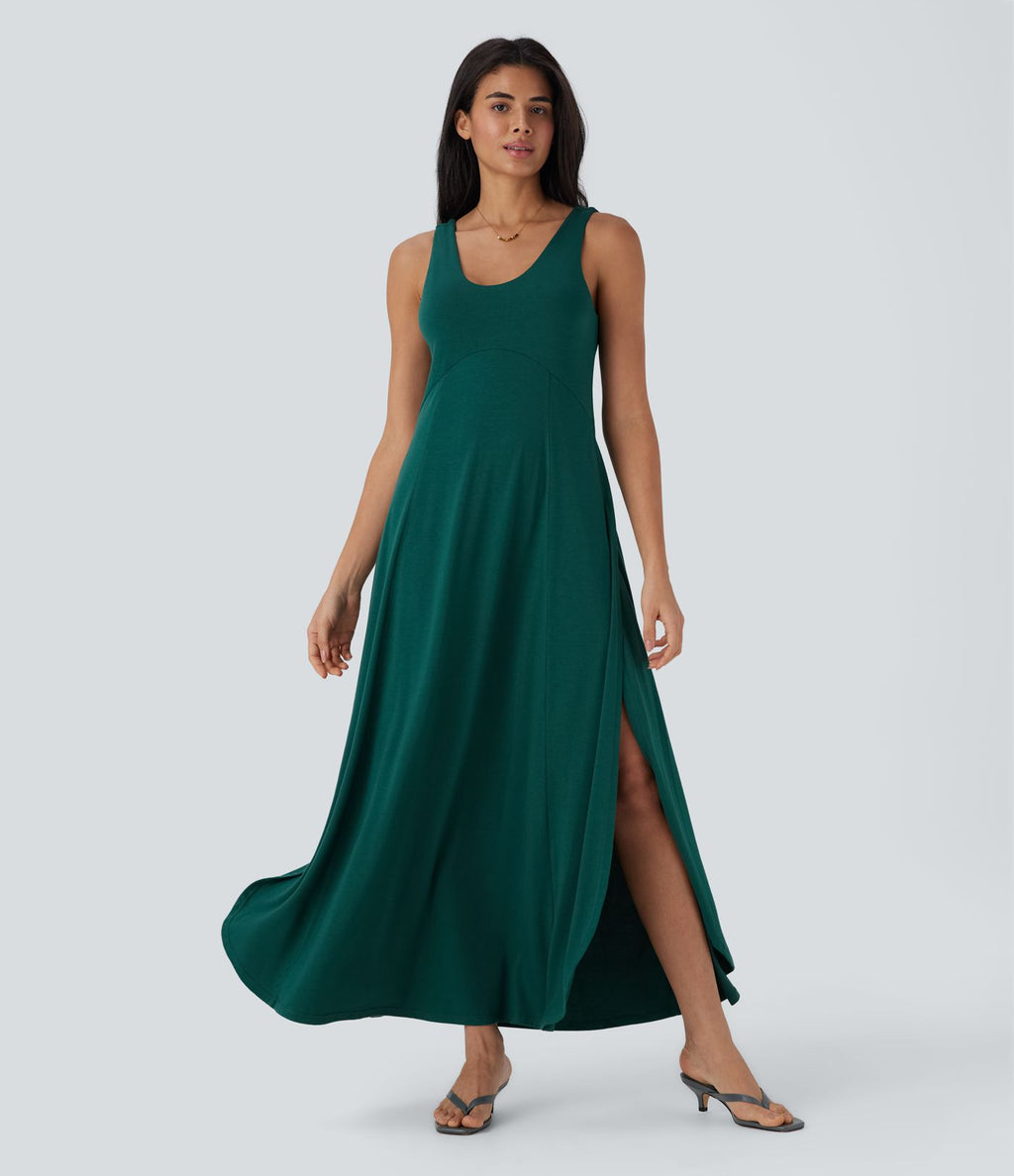 Robe longue à bretelles avec col U, dos nu, fente et coupe fluide