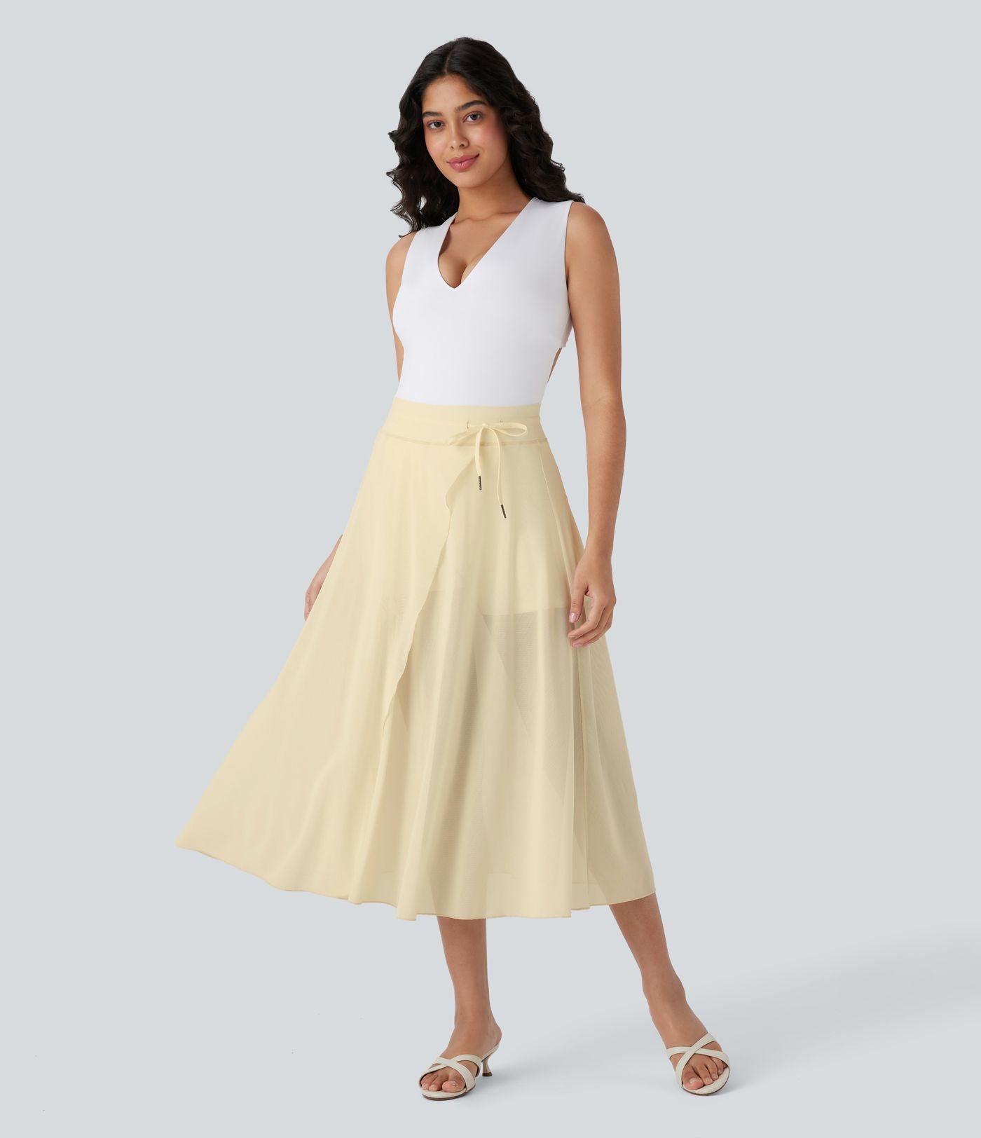 Jupe Casual Évasée Mesh Mi-Longue Fuide 2 en 1 Contrastée Taille Haute Cordon Poche Latérale