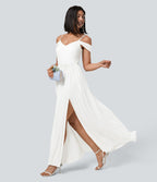 Robe Maxi Fluide Épaules Dénudées avec Poches Latérales Ourlet Fendu Tissu Côtelé Demoiselles d'Honneur et Invités de Mariage