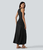 Robe maxi casual fluide sans manches col rond avec fronces et taille croisée