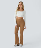 Pantalon décontracté évasé en maille gaufrée, taille haute, avec poches croisées