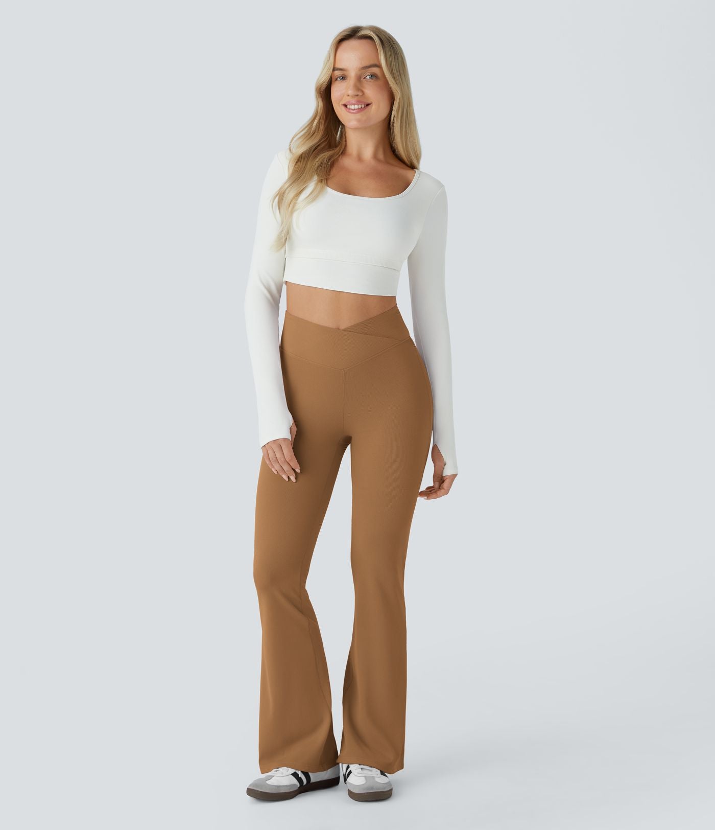 Pantalon décontracté évasé en maille gaufrée, taille haute, avec poches croisées