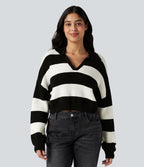 Pull rayé décontracté col V manches longues coupe décontractée