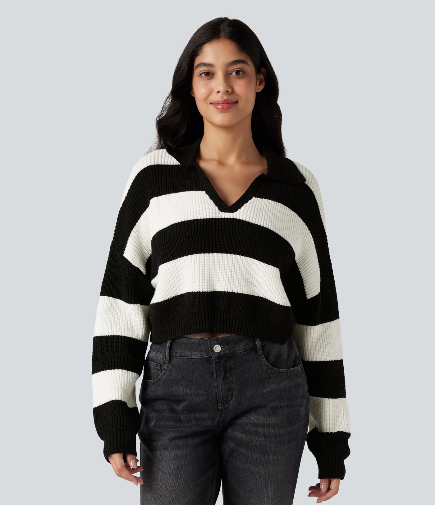 Pull rayé décontracté col V manches longues coupe décontractée