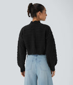 Pull décontracté à col montant, manches évêque, ourlet festonné et maille ajourée