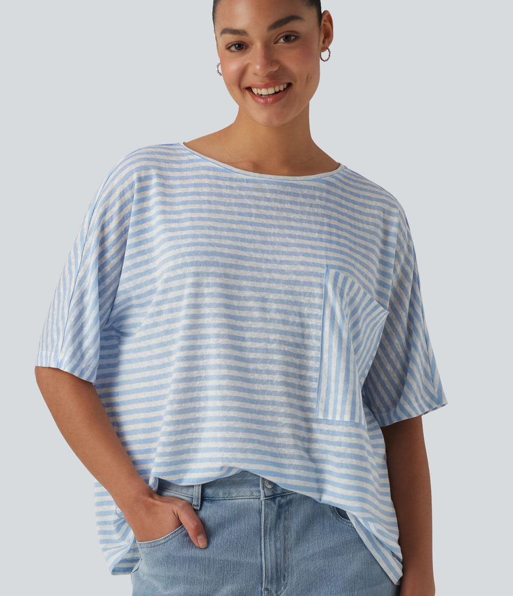 T-shirt col rond manches chauve-souris à rayures en lyocell avec poche poitrine