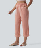 Pantalon casual court aspect lin coupe droite taille haute avec poches