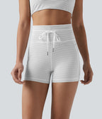 Short cycliste de yoga taille haute à rayures avec cordon de serrage 7,5 cm et poches