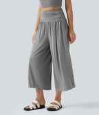 Pantalon casual 7/8 large taille haute à fronces avec poches