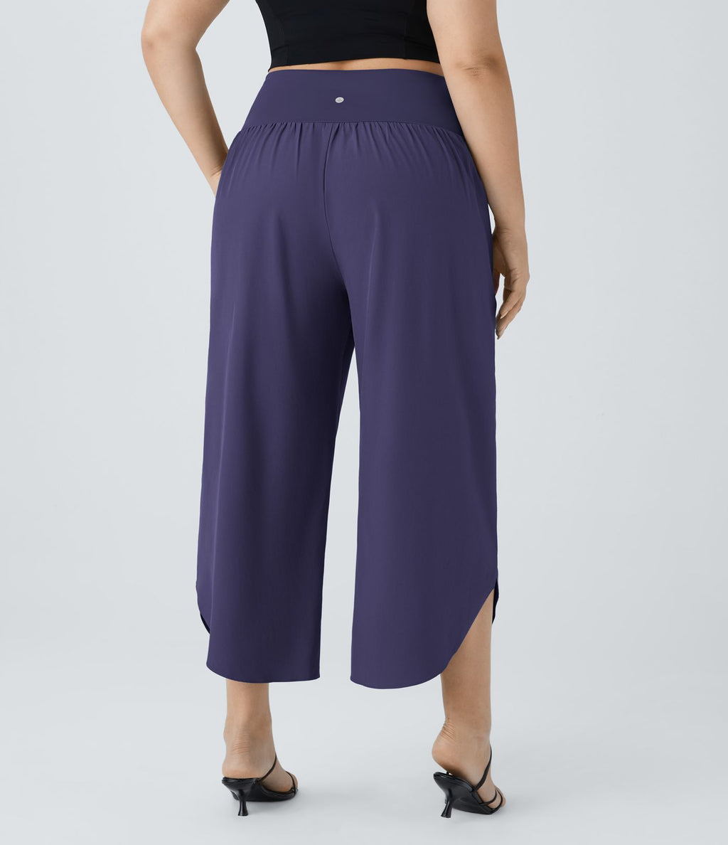 Breezeful™ Pantalon de Vacances Grande Taille Taille Haute avec Découpe Croisée Plissé Poche Latérale Fente et Séchage Rapide