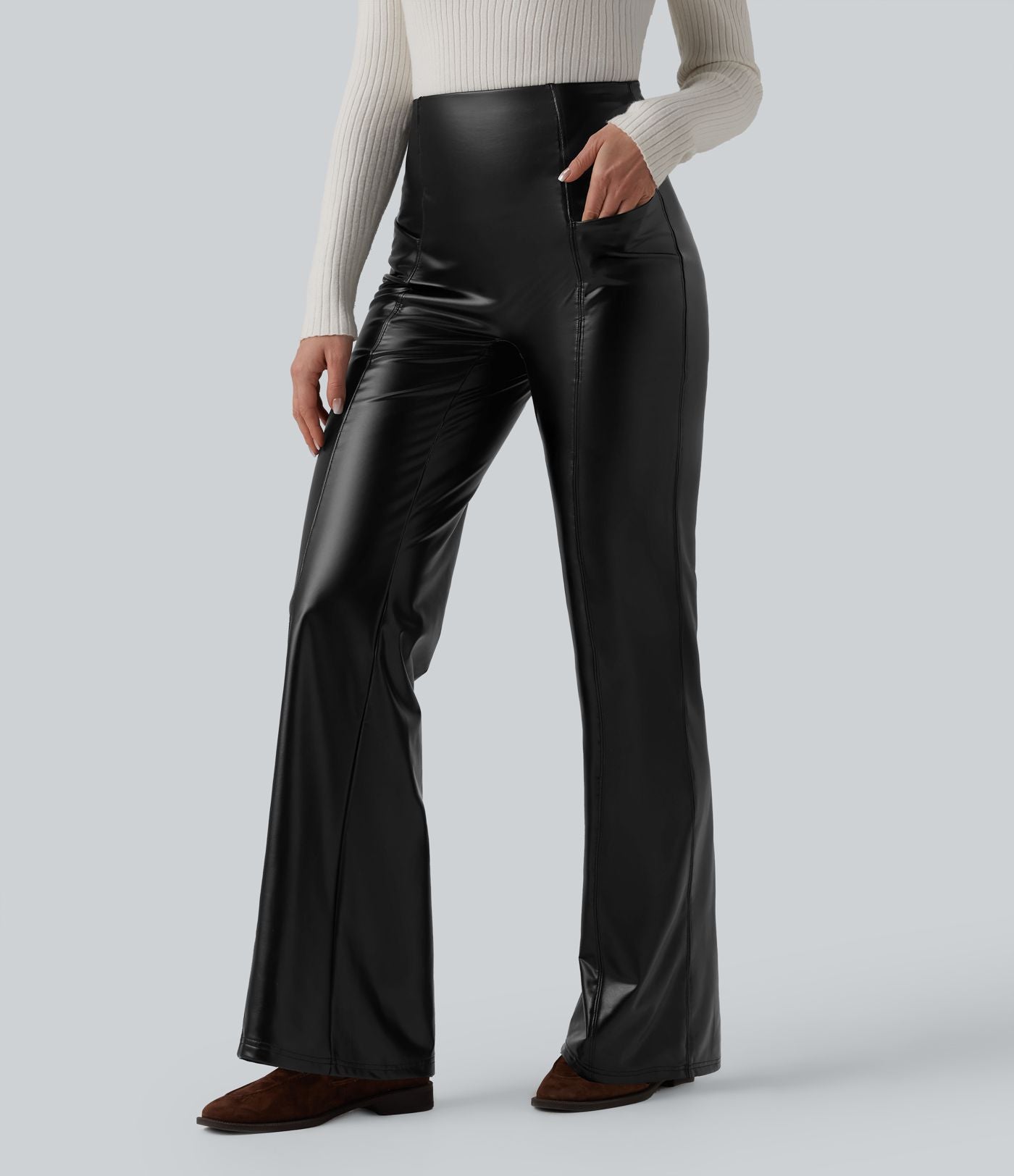 Pantalon similicuir évasé gainant taille haute stretch avec poches