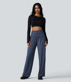 Pantalon de yoga large froncé chiné taille haute avec poches