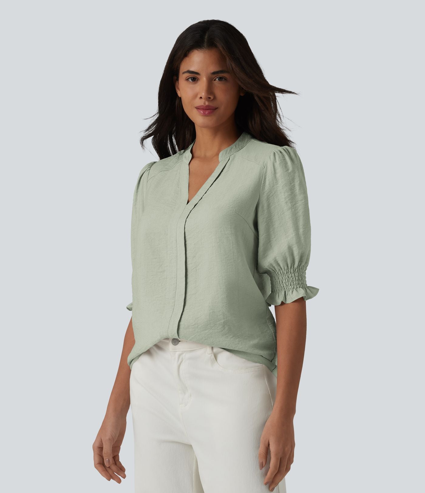Blouse décontractée à col en V et manches courtes bouffantes