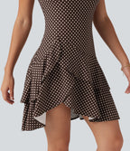 Robe mini casual à pois col rond sans manches ourlet à volants superposés