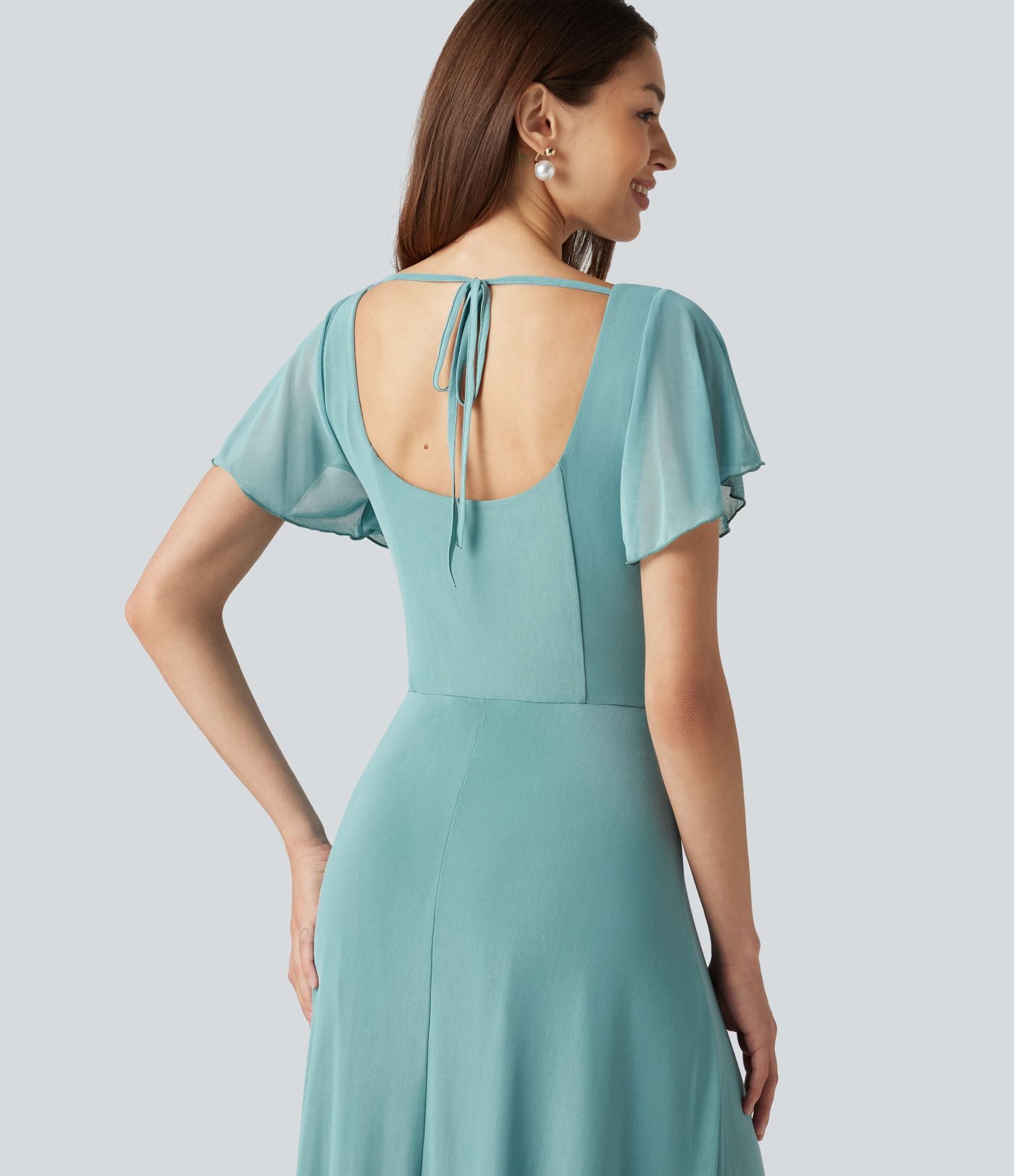 Robe maxi fluide col carré manches courtes soutien-gorge intégré dos noué