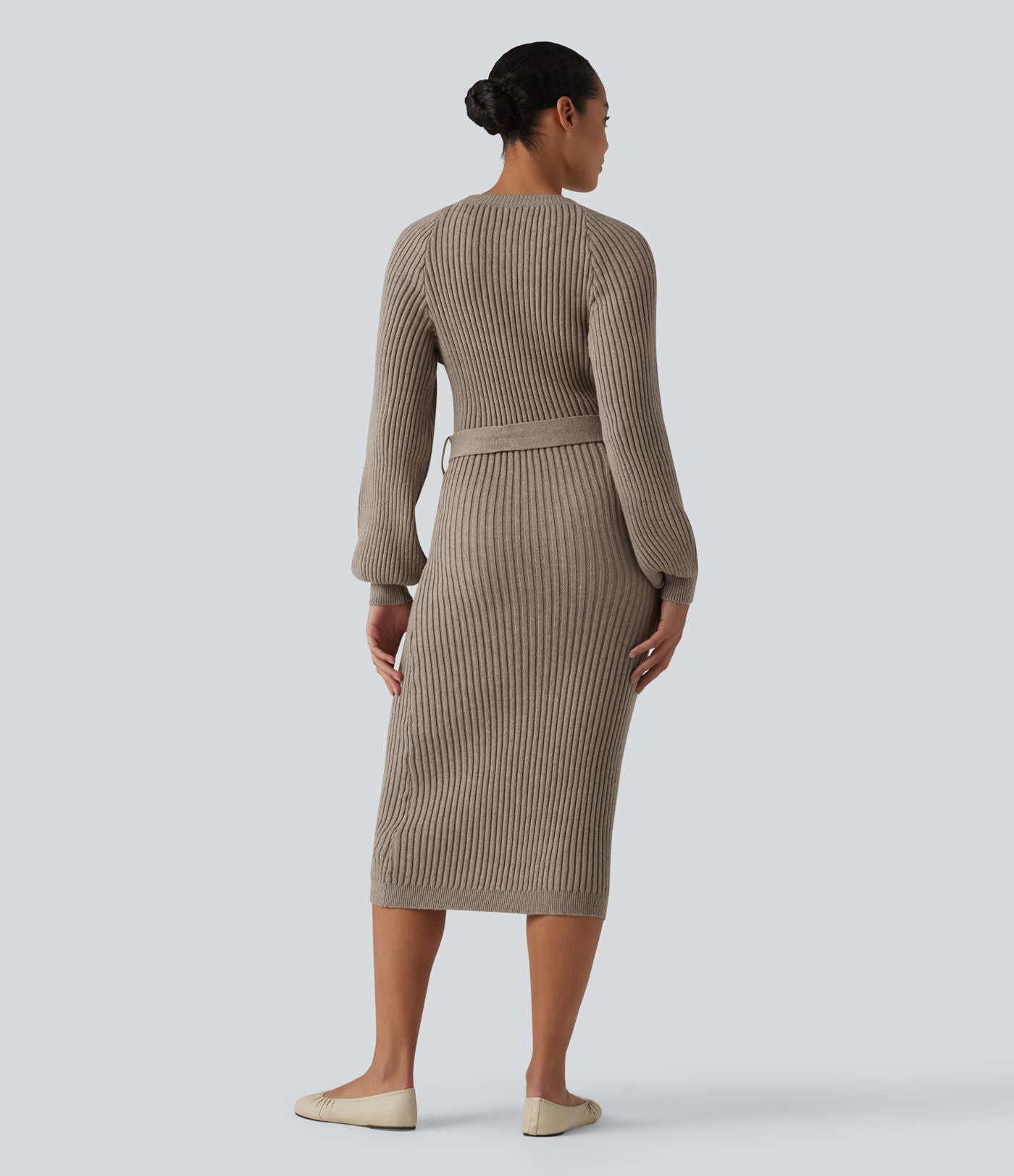 Robe pull midi casual col rond à manches longues, ceinturée