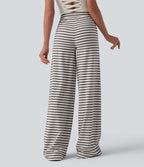 Pantalon yoga large taille mi-haute à rayures et cordon de serrage avec poches